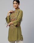 Olive Viscose Kurti with Mandarin Collar & Embroidered Yoke
