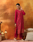 Floral Wool Blend Kurta Set with Swarovski Detailing & Printed Dupatta