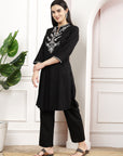 Black Embroidered Cotton Linen Kurta Set with Palazzo