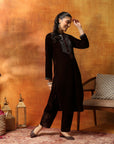 Velvet Kurta Set with Mandarin Collar & Zari Embroidered Yoke