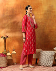 Viscose Rayon Kurta Set with Ethnic Motif Print, Zari Work & Printed Chiffon Dupatta
