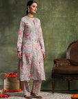 Wool Blend Floral Kurta Set with Zari Embroidery, Lace Detail & Solid Palazzo
