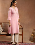 Solid Cotton Straight Kurta with Thread Embroidery & Lace Cuff Details