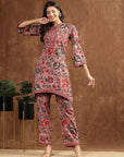 Pink Floral Rayon Co-ord Set with Bell Sleeves and Mandarin Collar