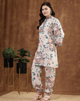 Orange Floral Kurta Set with Mandarin Collar & Laced Bell Sleeves