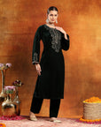Velvet Zari-Embroidered Kurta Set with Bell Sleeves, Palazzo & Banarasi Dupatta