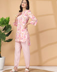 Pink Abstract Print Rayon Slub Co-ord with Solid Palazzo
