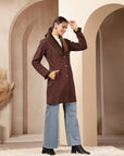 Suede Long Coat with Fur Collar & Sleeve Detailing