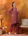 Solid A-Line Viscose Rayon Kurta Set with Thread Embroidery & Bell Sleeves