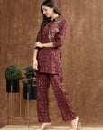 Burgundy Indo-Western Co-ord with Embroidered Shirt Collar Tunic & Printed Palazzo