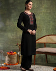 Wool Blend Kurta Set with Round Neck & Ethnic Embroidery