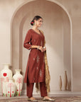 Zari-Trimmed V-Neck Kurta Set with Chanderi Tassel Dupatta