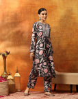 Wool Blend Floral Kurta Set with Zari Embroidery, Lace Detail & Solid Palazzo