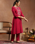 Silk Blend Kurta Set with Intricate Paisley Embroidery, Solid Palazzo & Zari Stitched Hem