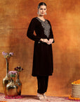 Velvet Zari-Embroidered Kurta Set with Palazzo & Banarasi Dupatta