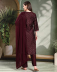 Zari Embroidered Viscose Kurta Set with Palazzo & Lace Chiffon Dupatta