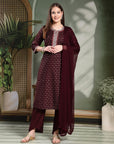 Zari Embroidered Viscose Kurta Set with Palazzo & Lace Chiffon Dupatta