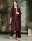 Zari Embroidered Viscose Kurta Set with Palazzo & Lace Chiffon Dupatta