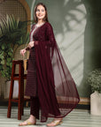 Zari Embroidered Viscose Kurta Set with Palazzo & Lace Chiffon Dupatta