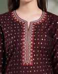 Zari Embroidered Viscose Kurta Set with Palazzo & Lace Chiffon Dupatta