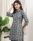 Floral Printed Straight Modal Chanderi Kurti with Shirt Collar