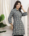 Floral Printed Straight Modal Chanderi Kurti with Shirt Collar
