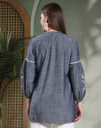 Thread-Embroidered Denim Kurti with Mandarin Collar & 3/4th Sleeves