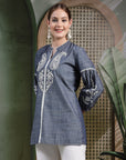 Thread-Embroidered Denim Kurti with Mandarin Collar & 3/4th Sleeves