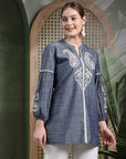 Thread-Embroidered Denim Kurti with Mandarin Collar & 3/4th Sleeves