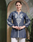 Thread-Embroidered Denim Kurti with Mandarin Collar & 3/4th Sleeves