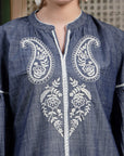 Thread-Embroidered Denim Kurti with Mandarin Collar & 3/4th Sleeves