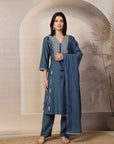 Abstract Printed A-Line Kurta Set with Zari Embroidery & Laced Dupatta