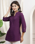 Solid Straight Cotton Tunic with Roll-Up Sleeves
