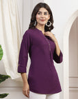 Solid Straight Cotton Tunic with Roll-Up Sleeves