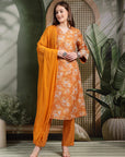 Floral Poly Muslin Flared Kurta Set with Bell Sleeves, Palazzo & Chiffon Dupatta
