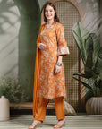 Floral Poly Muslin Flared Kurta Set with Bell Sleeves, Palazzo & Chiffon Dupatta