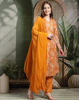 Floral Poly Muslin Flared Kurta Set with Bell Sleeves, Palazzo & Chiffon Dupatta