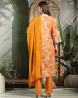 Floral Poly Muslin Flared Kurta Set with Bell Sleeves, Palazzo & Chiffon Dupatta