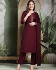 Solid Viscose Kurta Set with Ethnic Embroidery and Dupatta