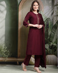 Solid Viscose Kurta Set with Ethnic Embroidery and Dupatta