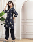 Printed Straight Rayon Kurta Set with Embroidered Yoke