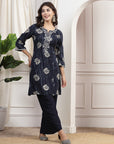 Printed Straight Rayon Kurta Set with Embroidered Yoke