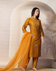 Solid Straight Silk Kurta Set with Thread Embroidery & Organza Dupatta