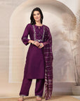 Solid Straight Silk Kurta Set with Sequin Work & Zari Dupatta