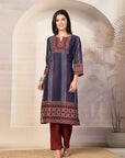 Printed Straight Calf Length Kurta with Sewroskie Work & Embroidered Palazzo