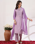 Solid Straight Poly Nylon Kurta Set with Mirror Embroidery and Laced Dupatta