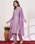 Solid Straight Poly Nylon Kurta Set with Mirror Embroidery and Laced Dupatta