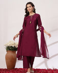 Solid Straight Viscose Kurta Set with Zari Embroidery and Chiffon Dupatta