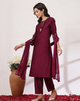 Solid Straight Viscose Kurta Set with Zari Embroidery and Chiffon Dupatta
