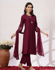 Solid Straight Viscose Kurta Set with Zari Embroidery and Chiffon Dupatta